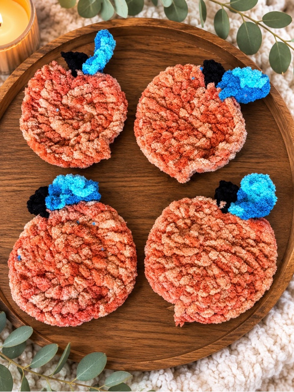 Crocheted Coral Pumpkin Coasters with Blue Accent - Home Accents